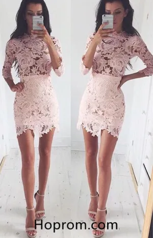 3/4 Sleeves Pink Homecoming Dress, Lace Tight Homecoming Dress