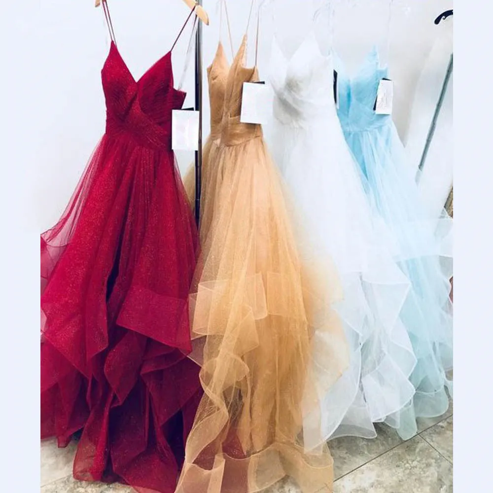 Affordable Spaghetti Straps V Neck Long Prom Dresses Tulle Party Dress