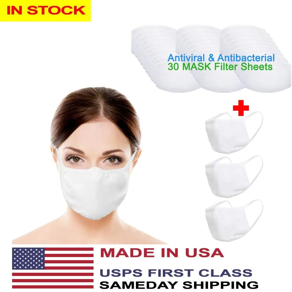 Amba7 MADE IN USA Reusable Breathable Cloth Face Mask - Machine Washable, Non-Surgical Double Layer Anti-Dust Protection, Unisex - For Home, Office, Travel, Camping, or Cycling - 3 Pack With Filters (30 PCS) (In Stock)