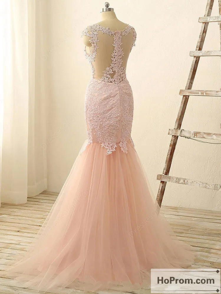 Applique Mermaid Cap Sleeve Prom Dress Evening Dresses