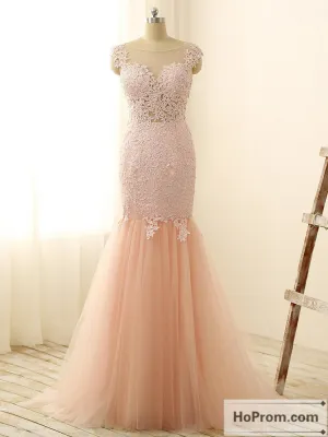 Applique Mermaid Cap Sleeve Prom Dress Evening Dresses