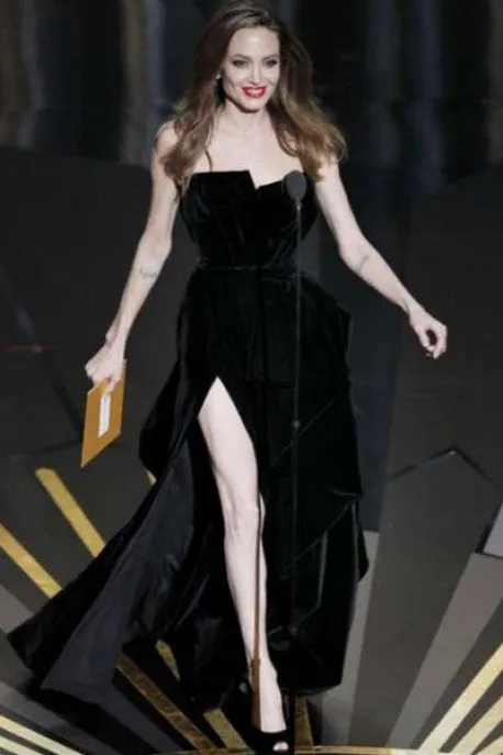 Black Angelina Jolie Leg Dress Velvet Prom Celebrity Dress Red Carpet Gown Oscar Awards