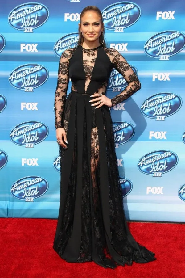 Black Jennifer Lopez (JLo) Long Sleeves Dress Lace Prom Red Carpet Dress American Idol Finale