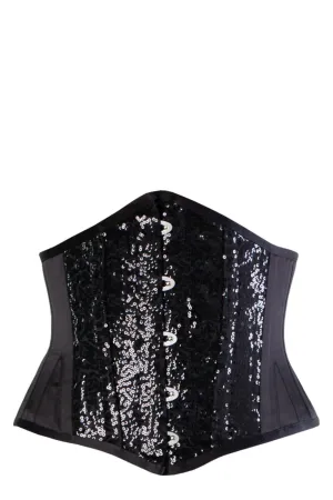 BLACK SATIN AND SEQUIN WAIST TRAINING WASPIE UNDERBUST