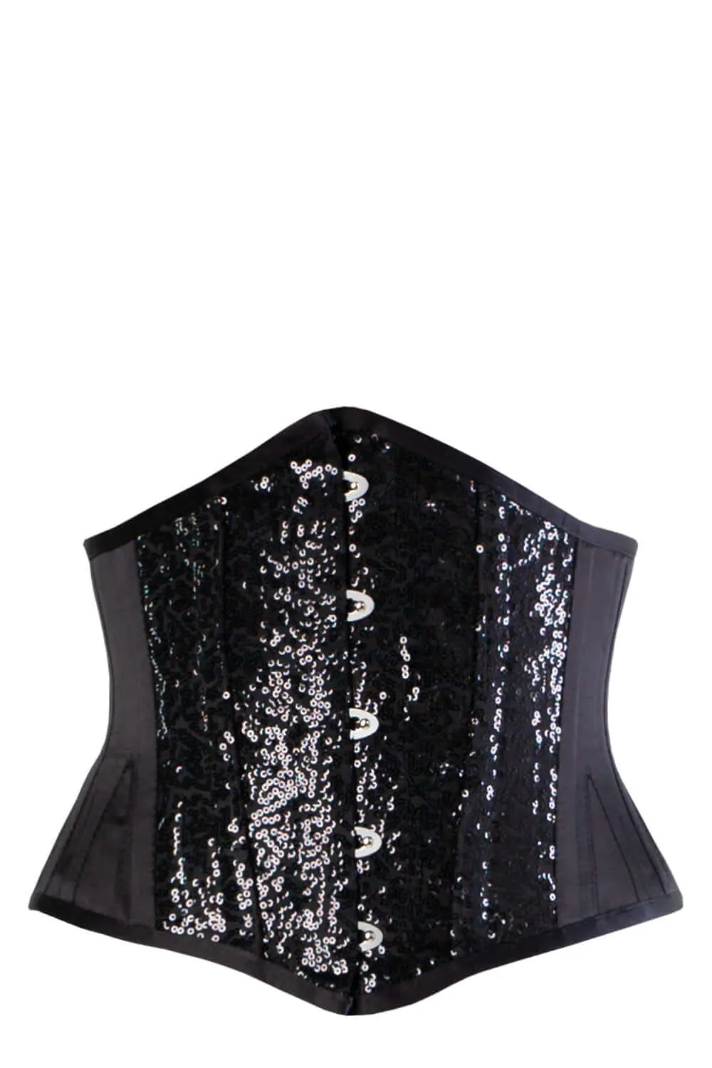 BLACK SATIN AND SEQUIN WAIST TRAINING WASPIE UNDERBUST