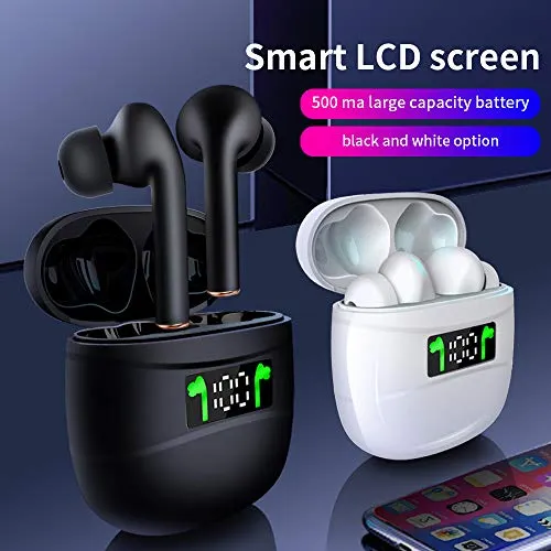 Bluetooth 5.2 True Wireless Earbuds Headphone with Led Display Charging Case Waterproof Earbuds 40 Hours Playtime Built-in Microphone Earbuds HiFi Premium Sound with Noise Cancelling for Sport,White
