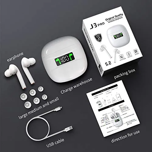 Bluetooth 5.2 True Wireless Earbuds Headphone with Led Display Charging Case Waterproof Earbuds 40 Hours Playtime Built-in Microphone Earbuds HiFi Premium Sound with Noise Cancelling for Sport,White