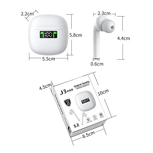 Bluetooth 5.2 True Wireless Earbuds Headphone with Led Display Charging Case Waterproof Earbuds 40 Hours Playtime Built-in Microphone Earbuds HiFi Premium Sound with Noise Cancelling for Sport,White