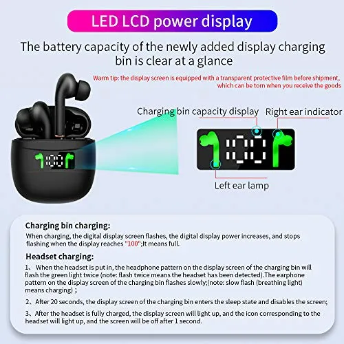 Bluetooth 5.2 True Wireless Earbuds Headphone with Led Display Charging Case Waterproof Earbuds 40 Hours Playtime Built-in Microphone Earbuds HiFi Premium Sound with Noise Cancelling for Sport,White