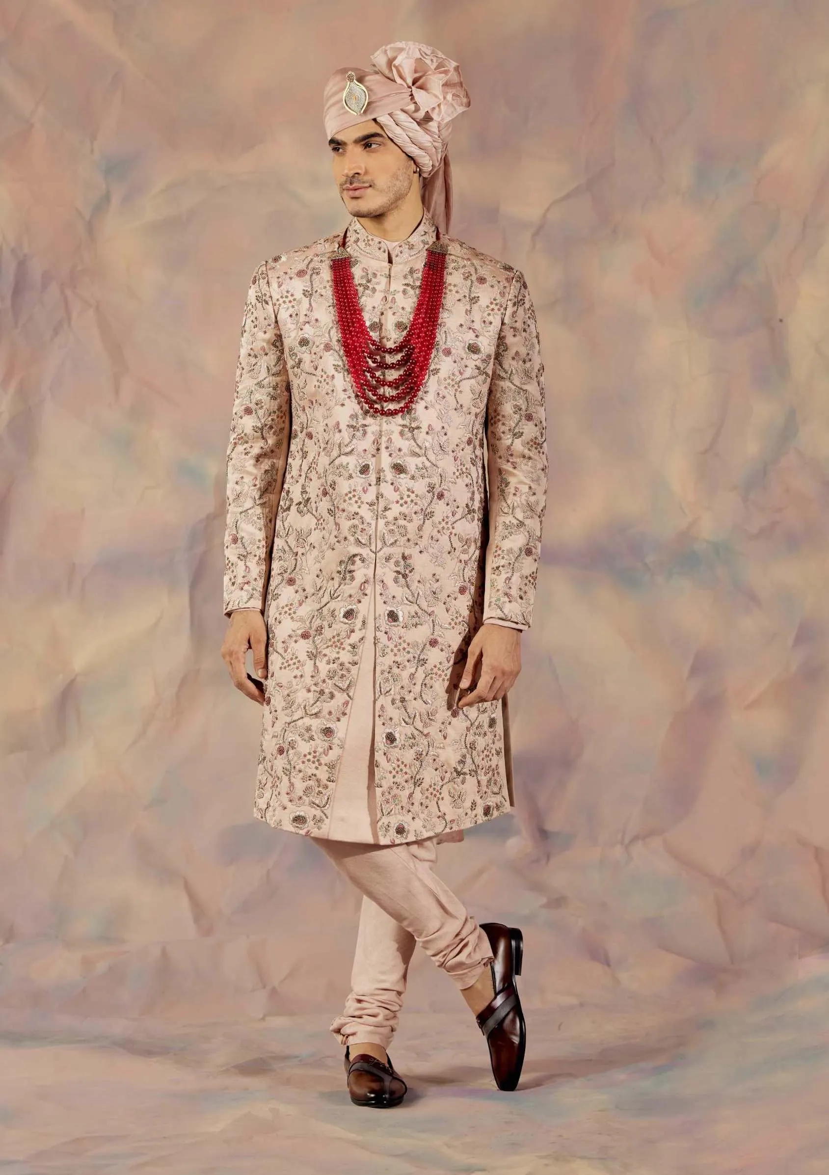 Blush Pink Embroidered Sherwani Set