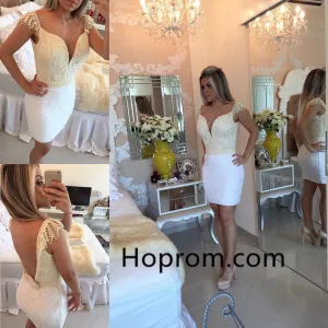 Bodycon Delicate Bow Mini Lace Cap-Sleeve Homecoming Dress