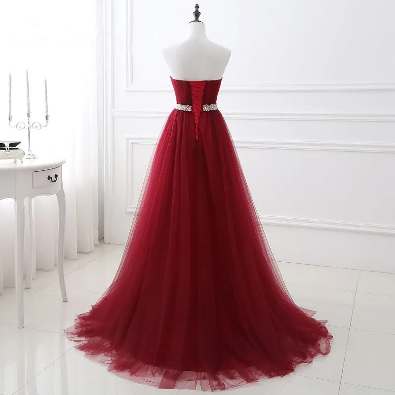 Burgundy A line Prom Dresses Tulle Floor length Long Sweetheart Evening Dress