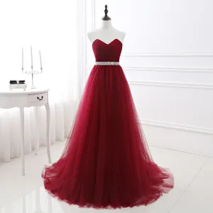Burgundy A line Prom Dresses Tulle Floor length Long Sweetheart Evening Dress