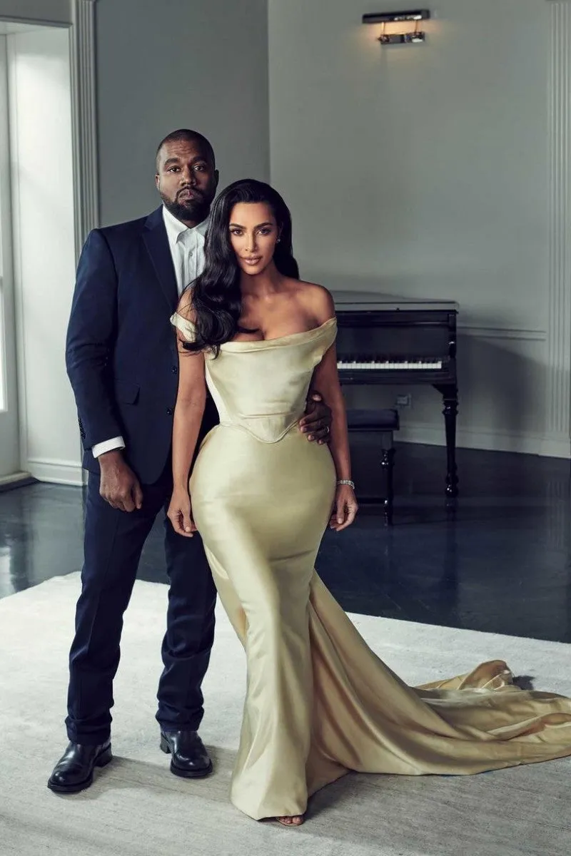 Champagne Kim Kardashian (Kim K) Corset Off The Shoulder Wedding Dress Diddy's 50th Birthday Party