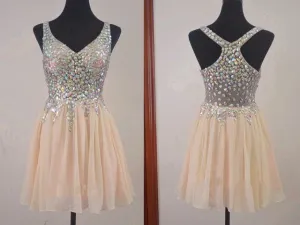 Chiffon Crystal Short Homecoming Dress, Champagne V Neck Homecoming Dresses