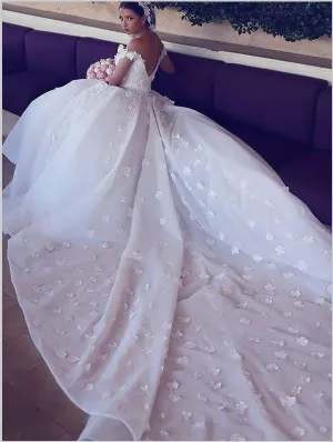 Chiffon Satin V-neck Sleeveless Wedding Dresses Chapel Train Ball Gown