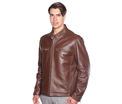 CLASSIC MOTORCYCLE SCOOTER JACKET WITH CONTRAST LINING COW LEATHER DURABLE NEW