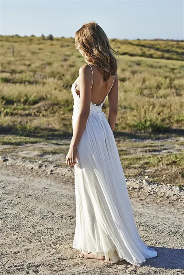 Deep V neck Bridal Dress with Spaghettis Straps