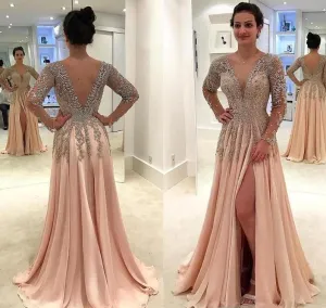 Deep V-Neck Split Beading Glitter Prom Dresses Chiffon Long Sleeves Evening Dresses