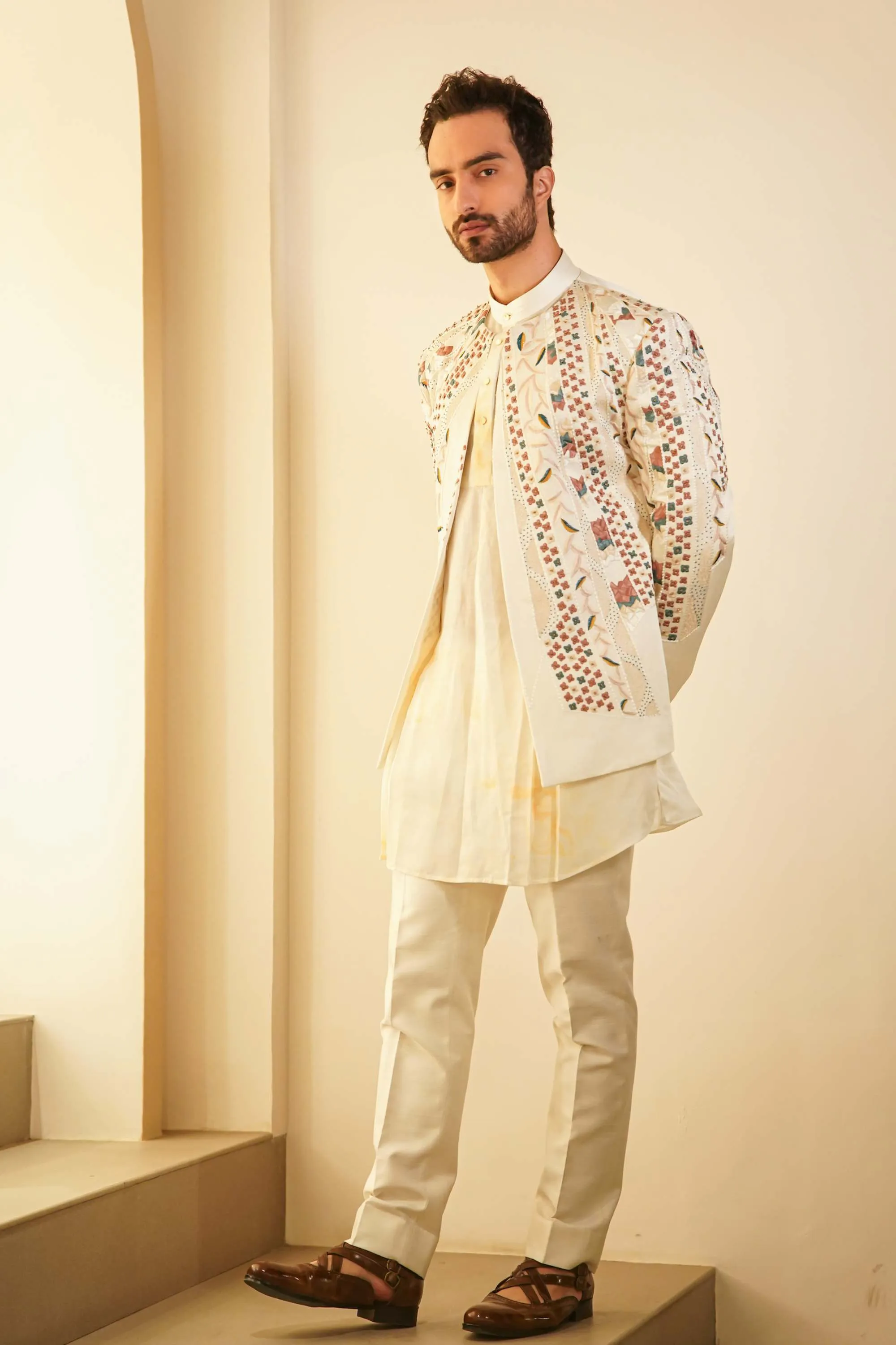 Dirty Ivory Short Jacket With Kurta And Trouser