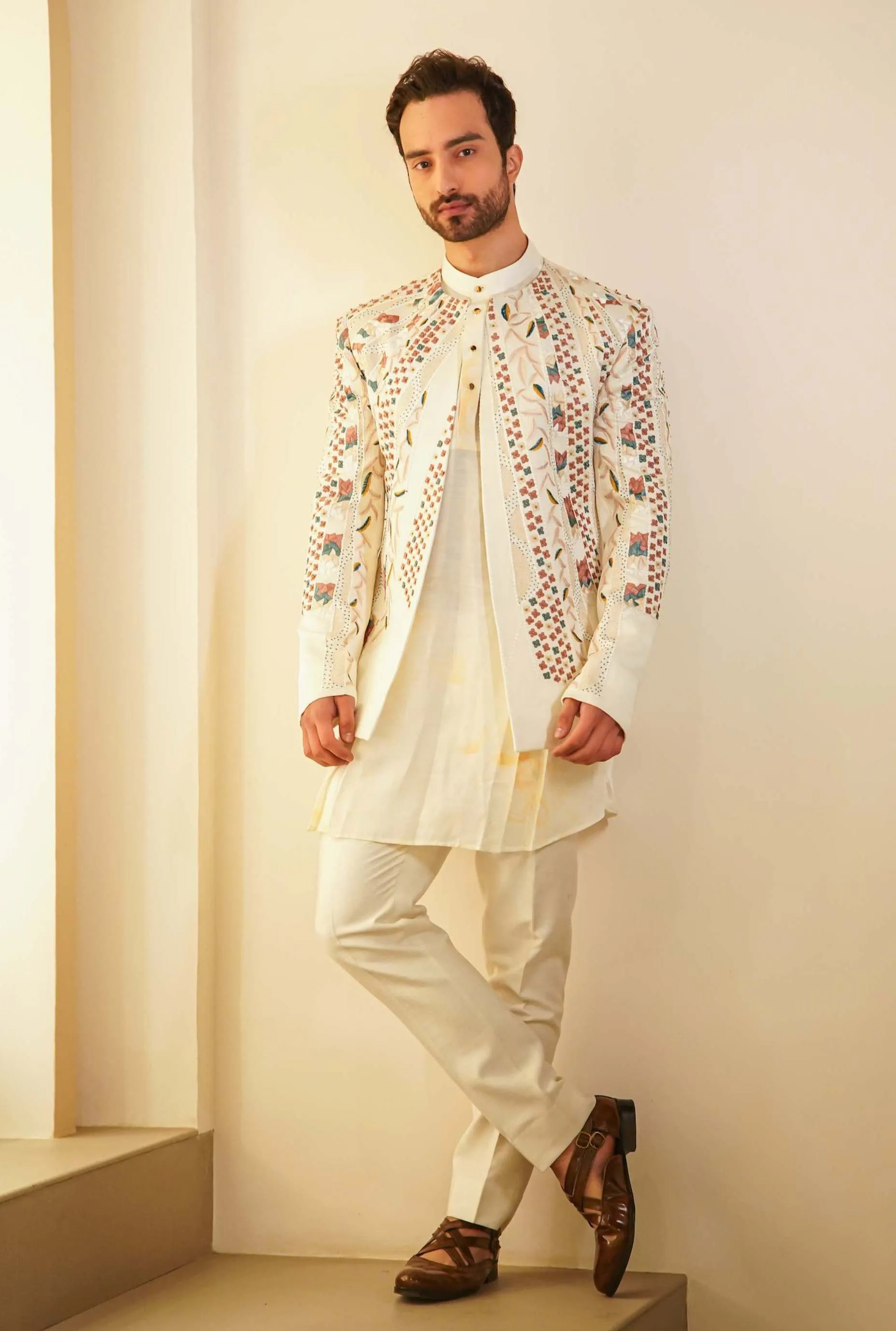 Dirty Ivory Short Jacket With Kurta And Trouser