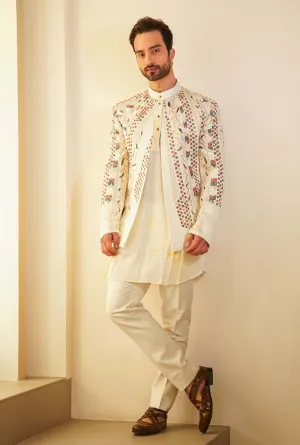 Dirty Ivory Short Jacket With Kurta And Trouser