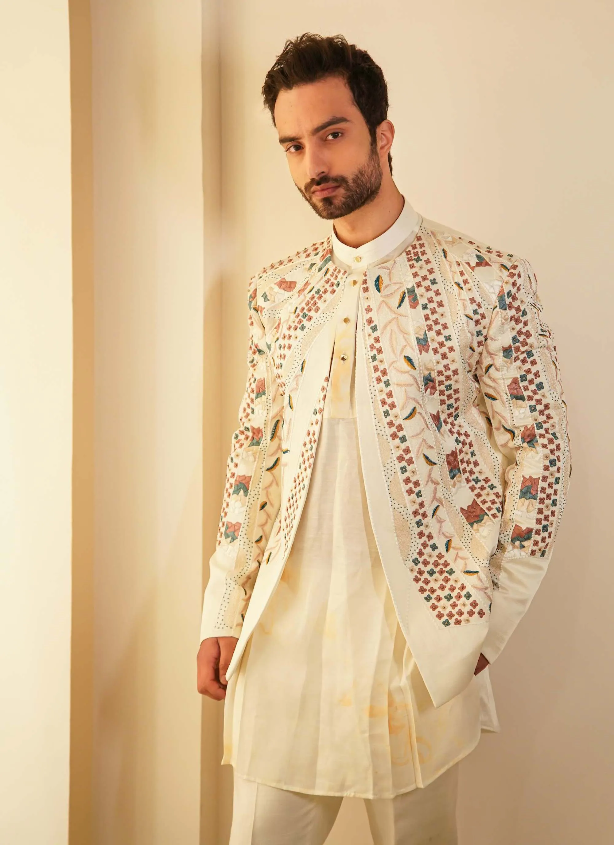 Dirty Ivory Short Jacket With Kurta And Trouser