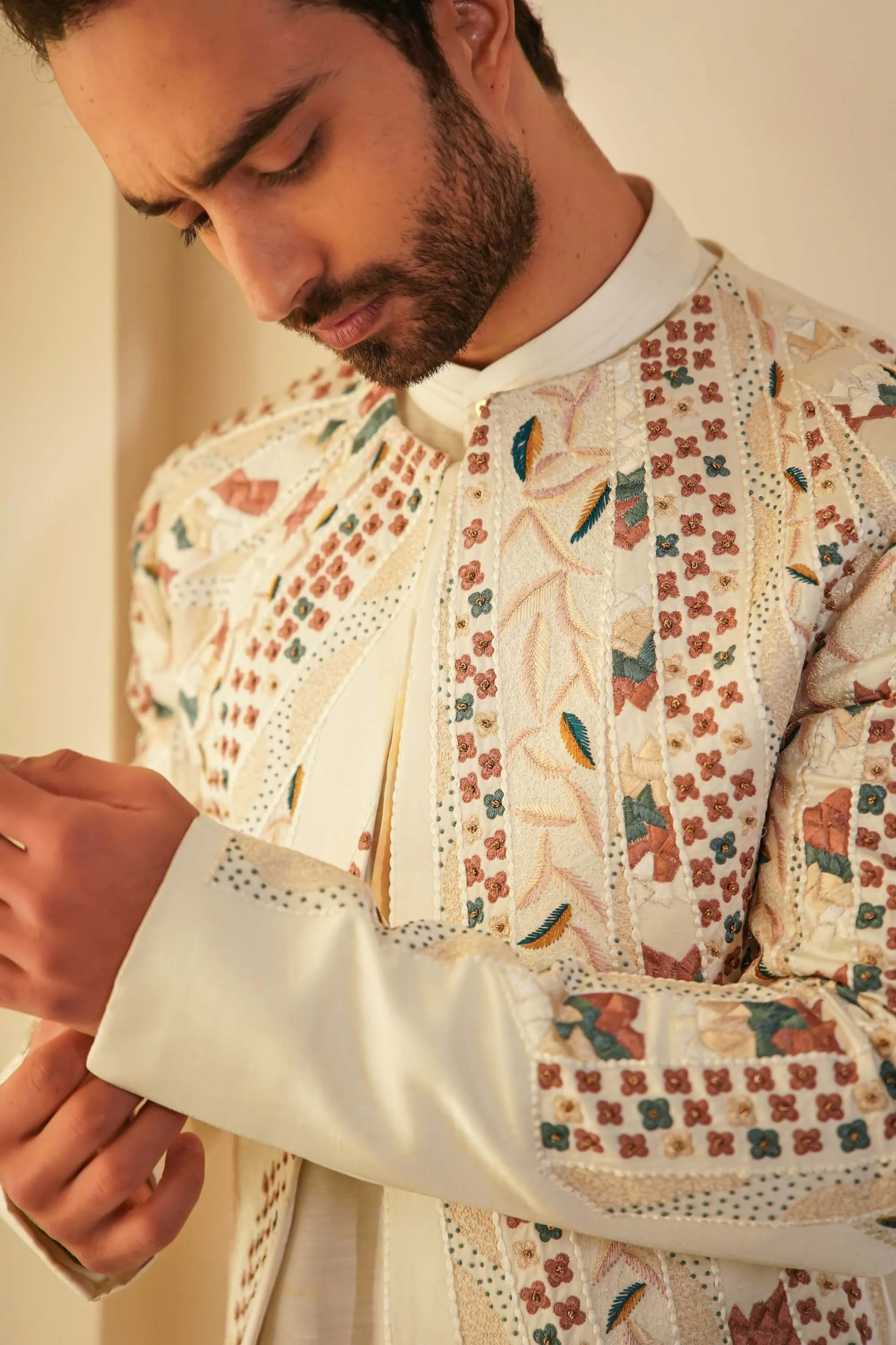 Dirty Ivory Short Jacket With Kurta And Trouser