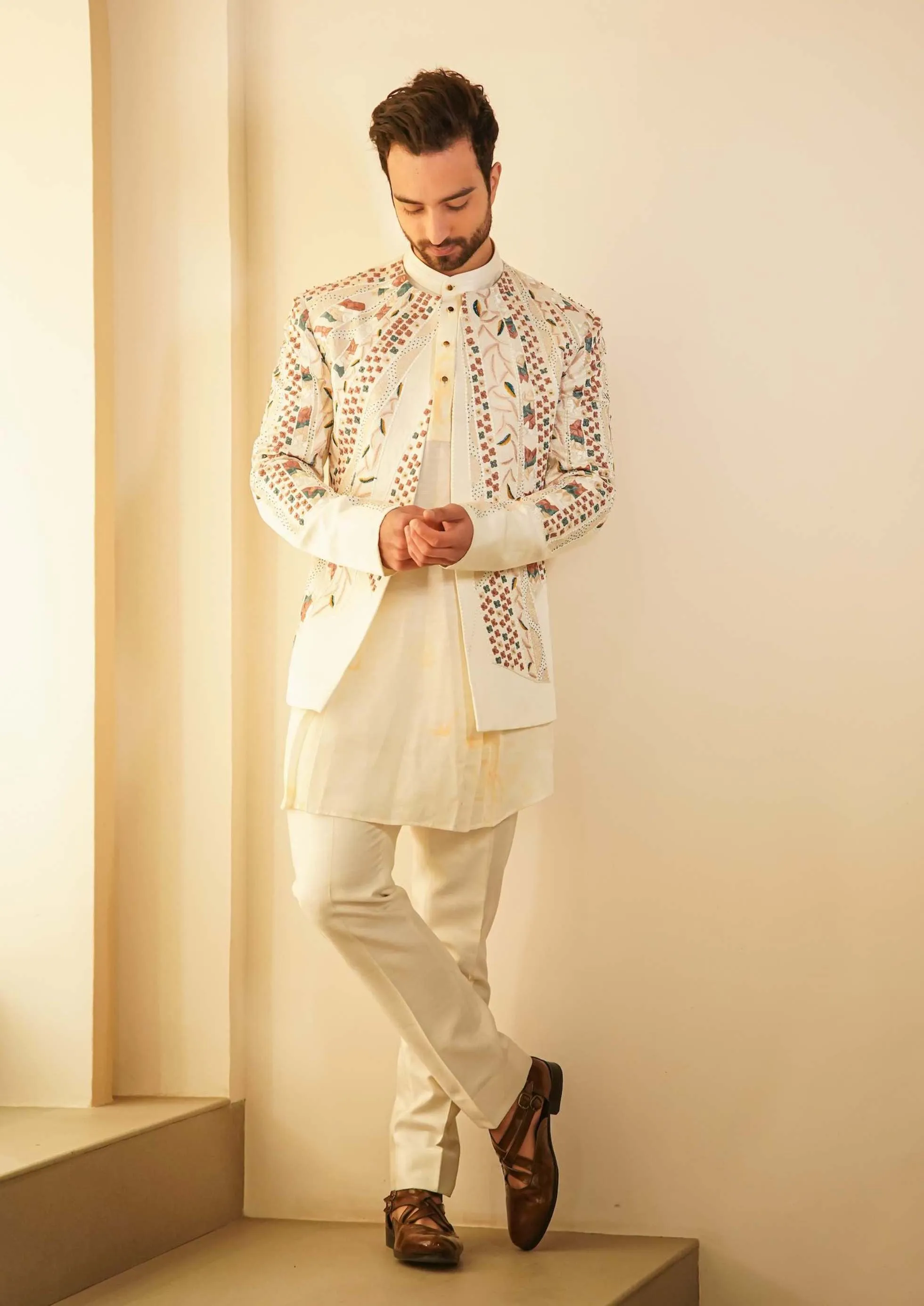 Dirty Ivory Short Jacket With Kurta And Trouser