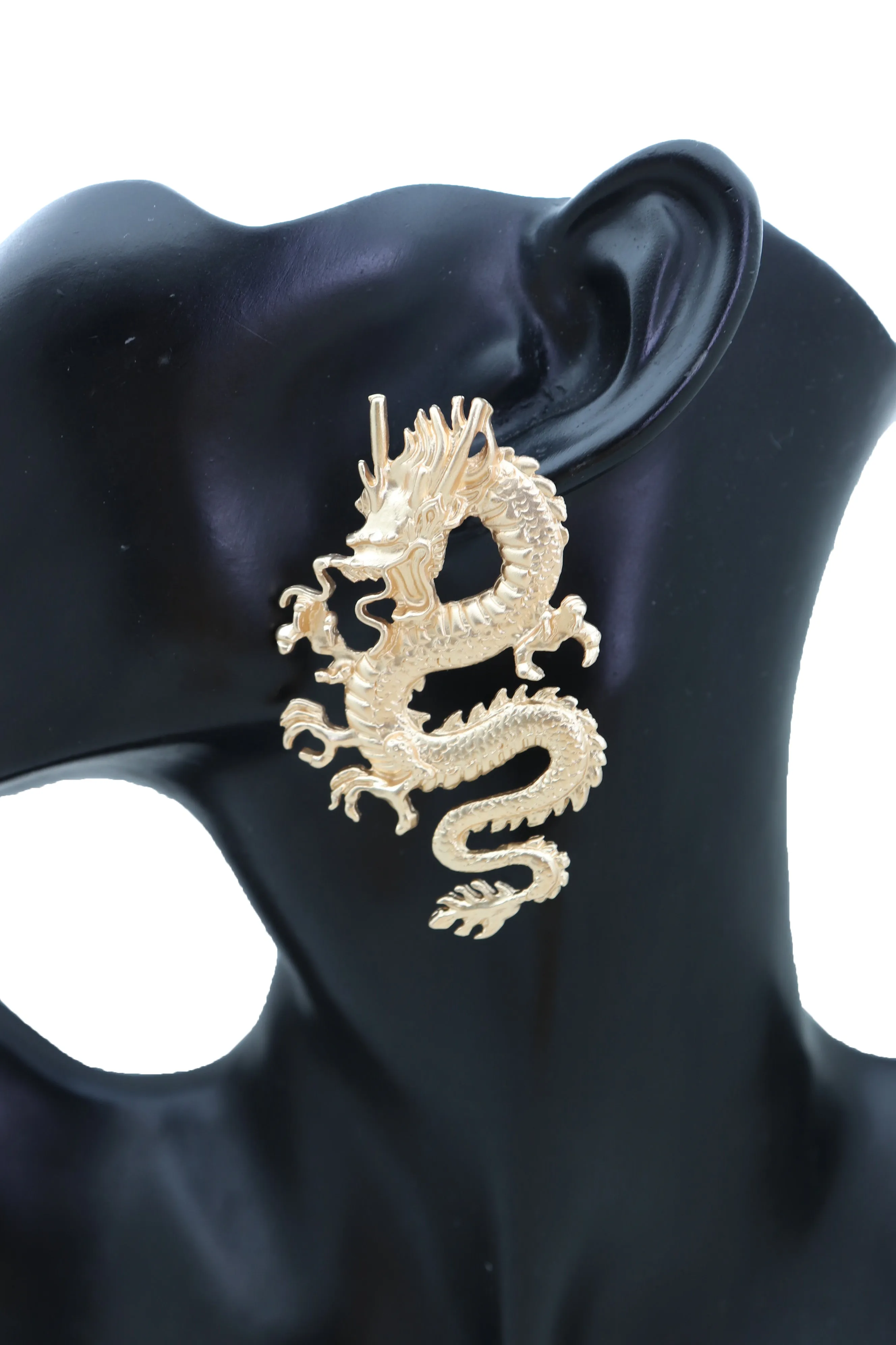 Earrings Set Gold Metal Large Bling Chinese Dragon Ethnic Style