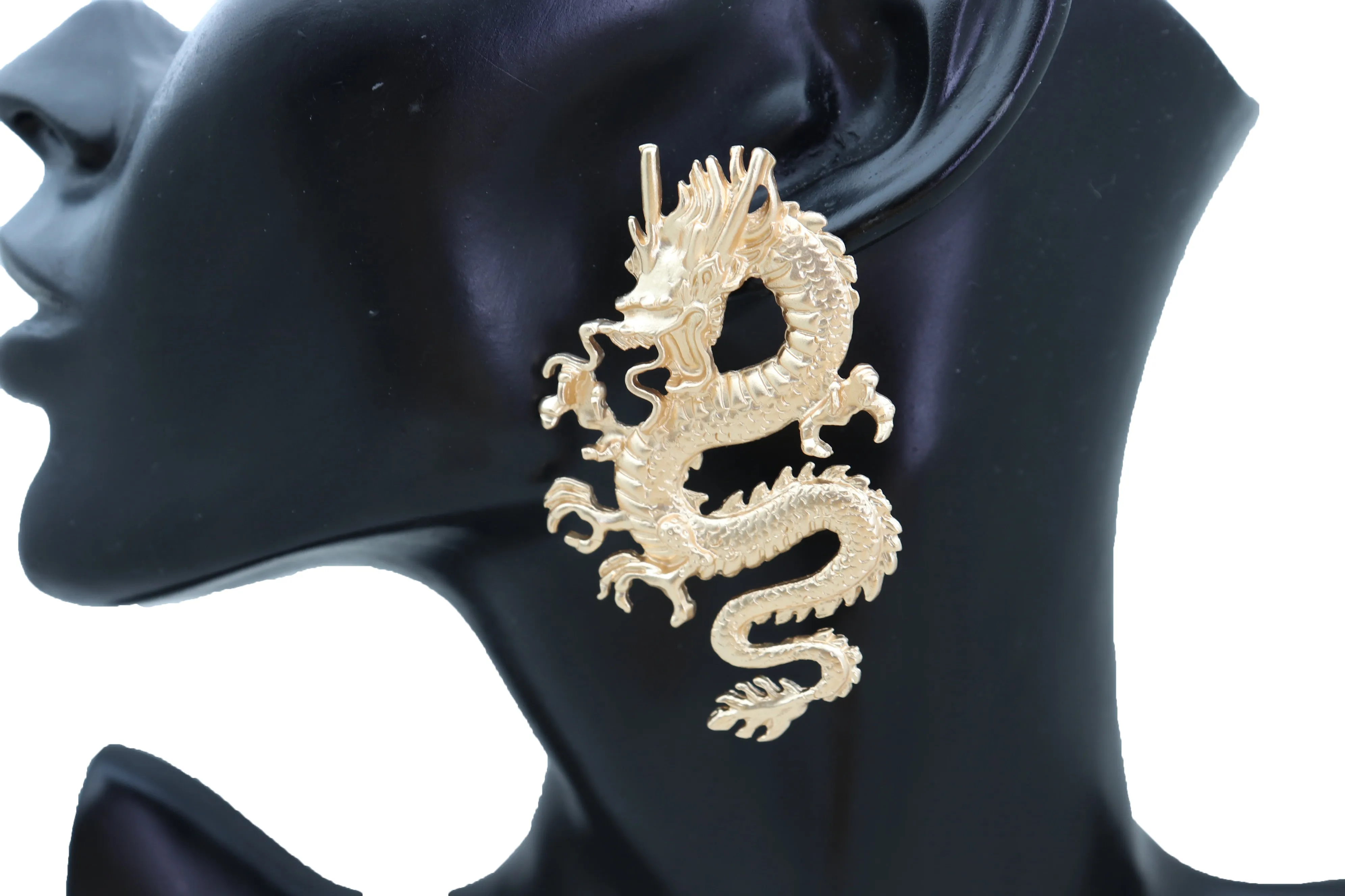 Earrings Set Gold Metal Large Bling Chinese Dragon Ethnic Style