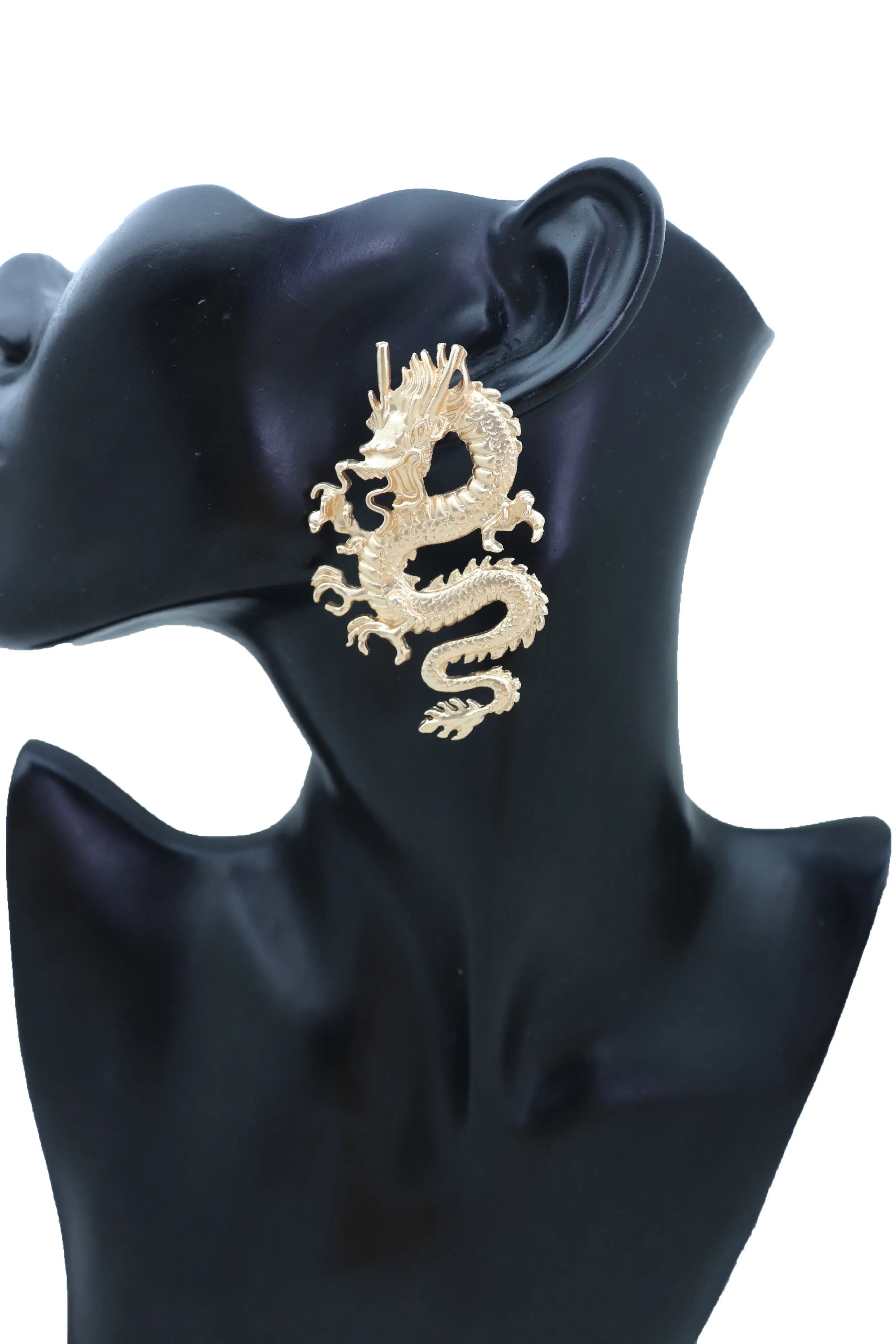 Earrings Set Gold Metal Large Bling Chinese Dragon Ethnic Style