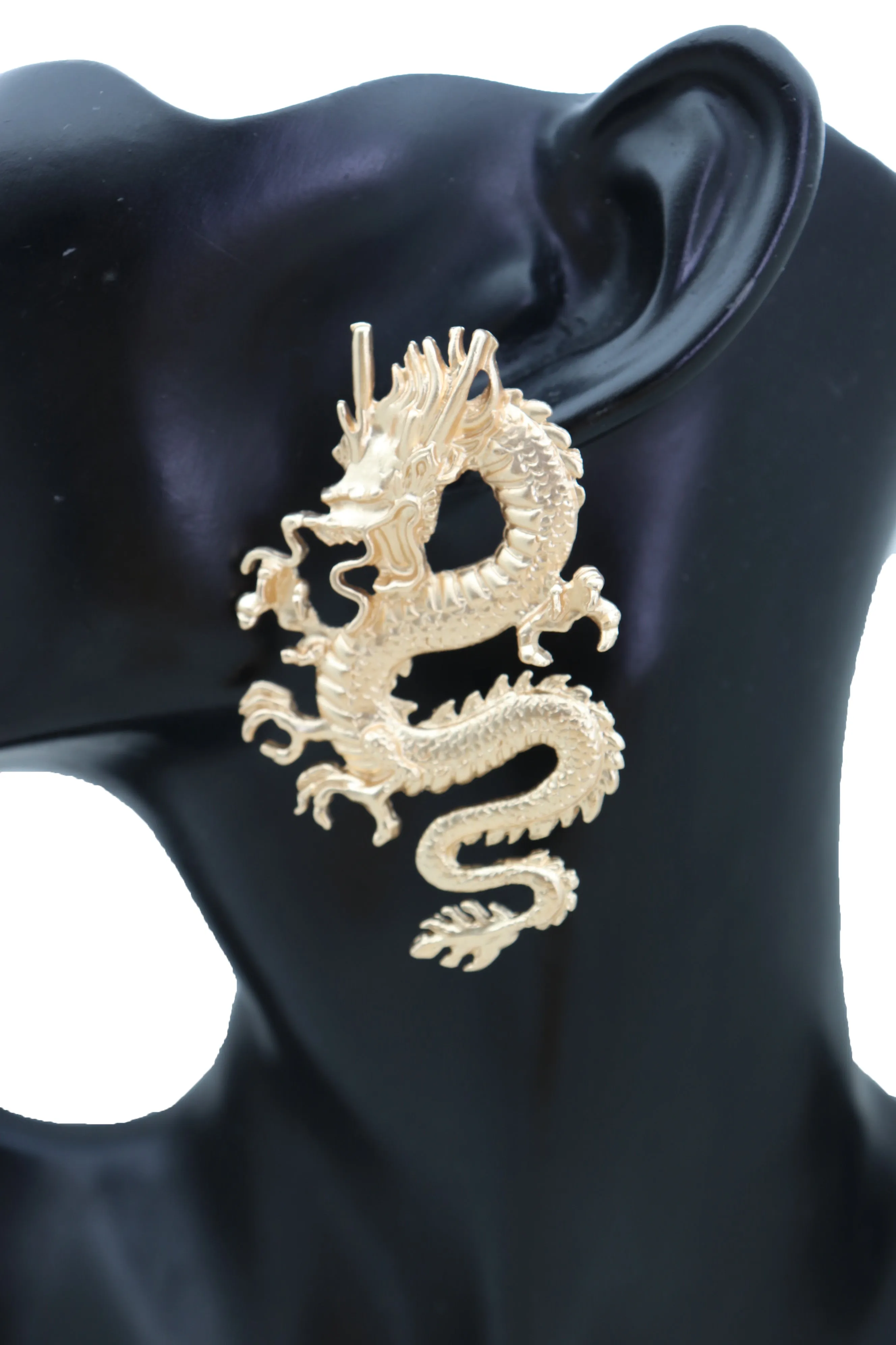 Earrings Set Gold Metal Large Bling Chinese Dragon Ethnic Style