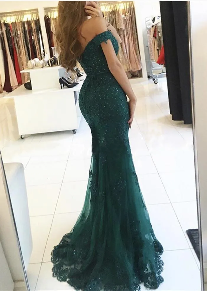 Emerald Green Off Shoulder Mermaid Lace Prom Dress, Emerald Green Formal Dress, Lace Bridesmaid Dress