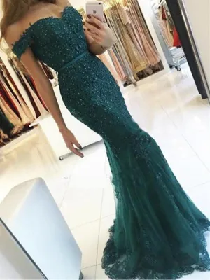 Emerald Green Off Shoulder Mermaid Lace Prom Dress, Emerald Green Formal Dress, Lace Bridesmaid Dress