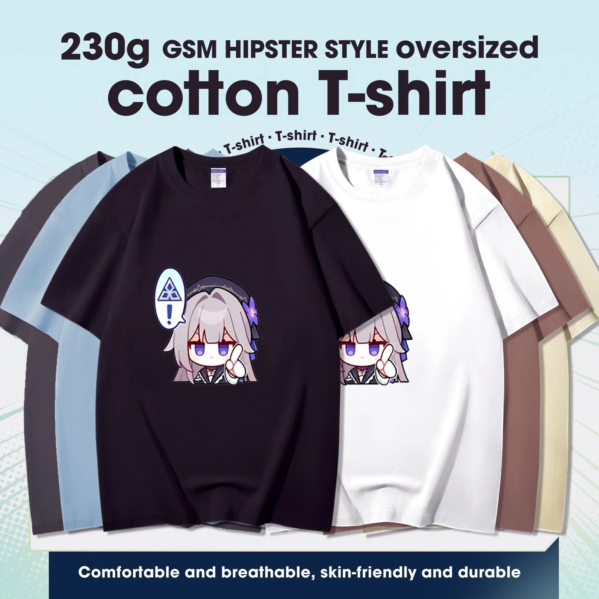 Fashion Anime Honkai: Star Rail Herta 230g GSM Hipster Style Oversized Cotton T-shirt