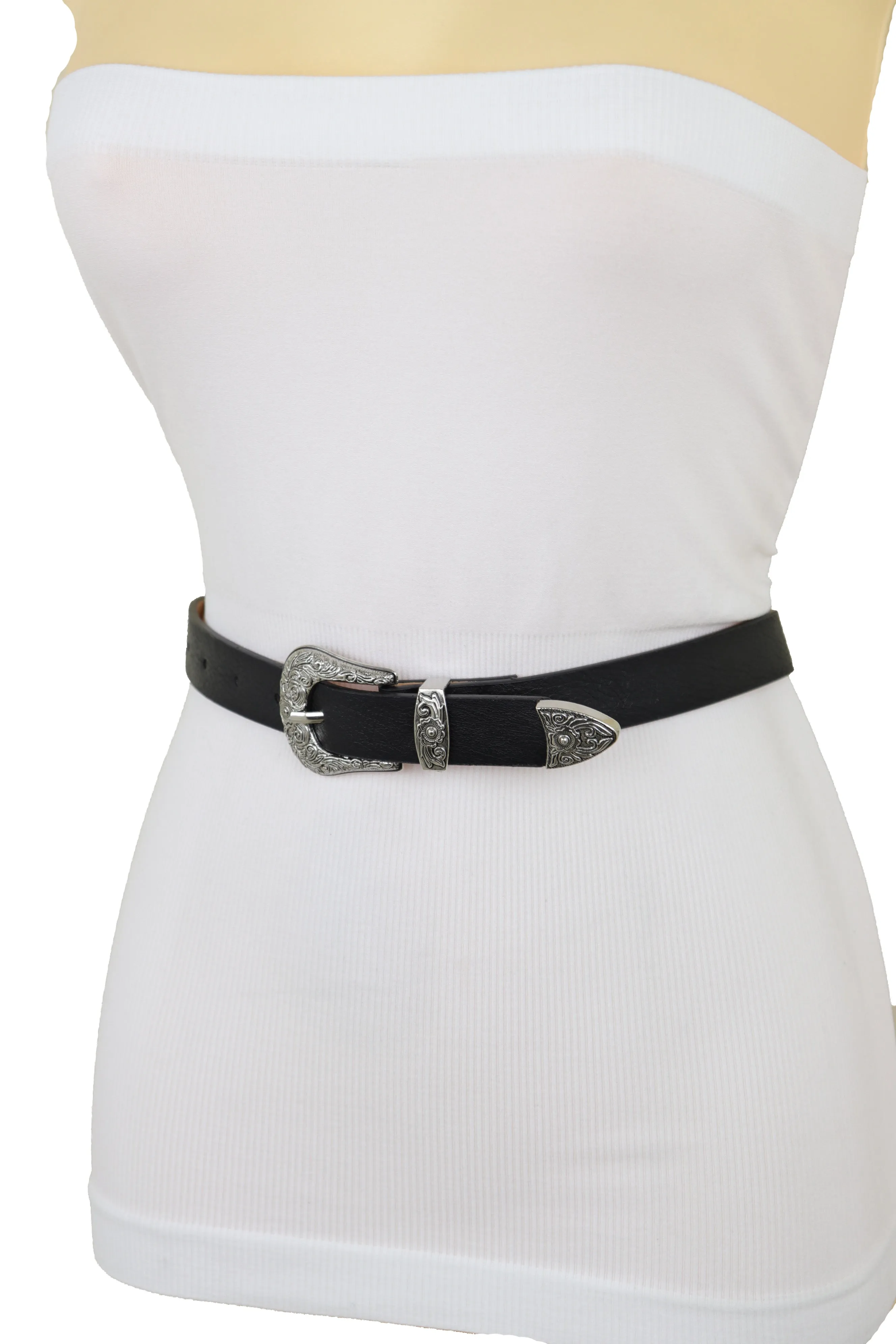 Faux Leather Western Style Buckle Skinny Classic Belt
