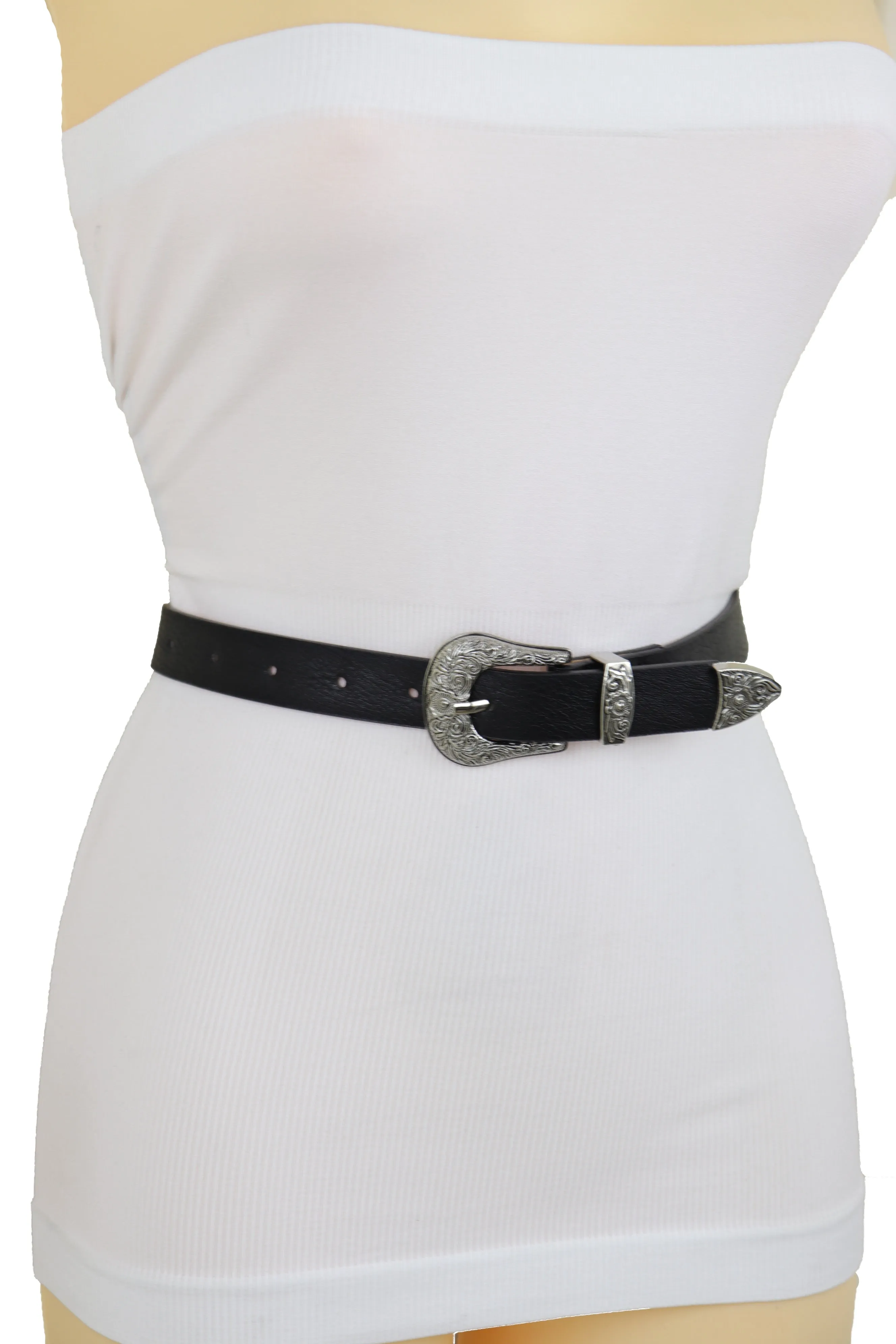 Faux Leather Western Style Buckle Skinny Classic Belt