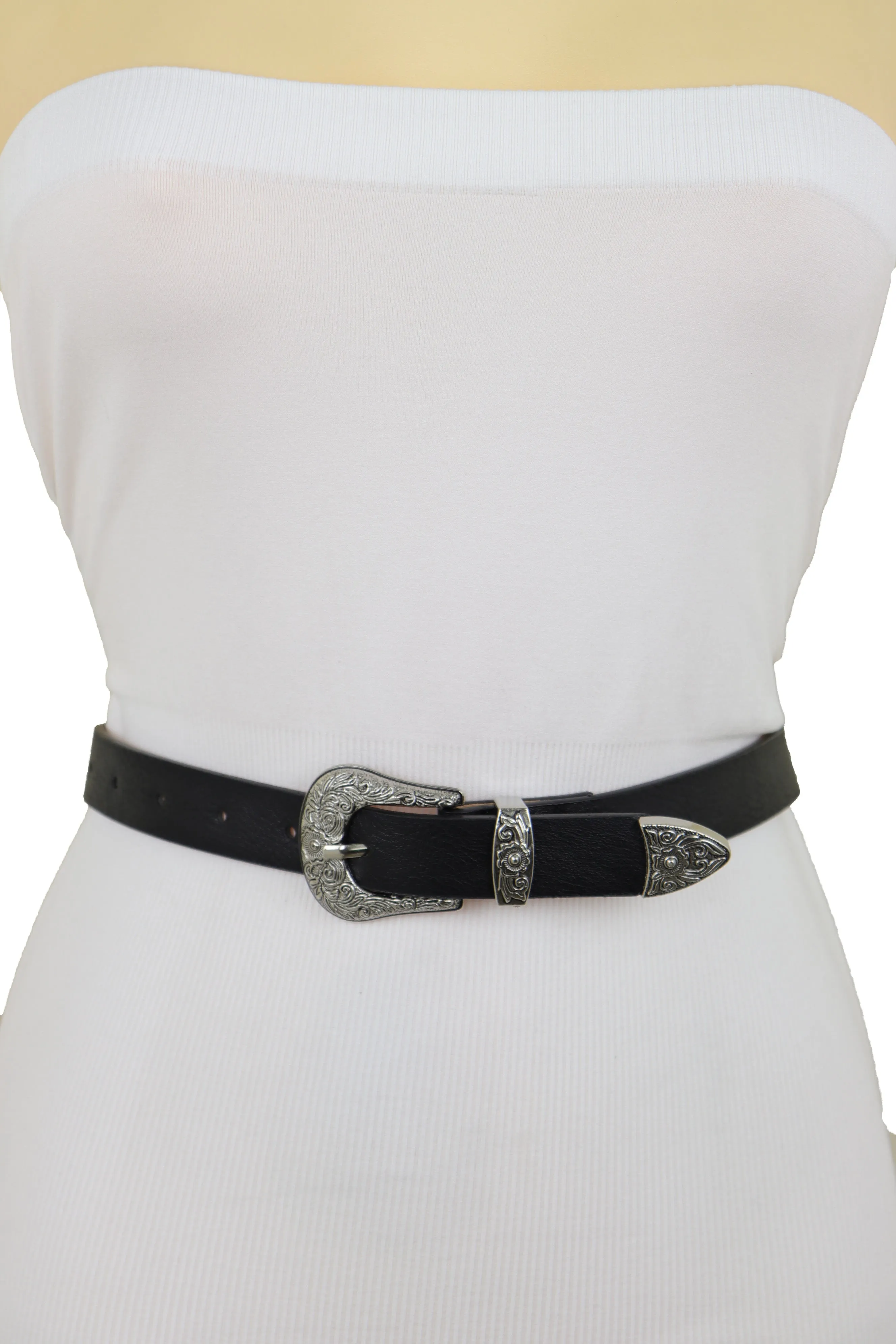 Faux Leather Western Style Buckle Skinny Classic Belt