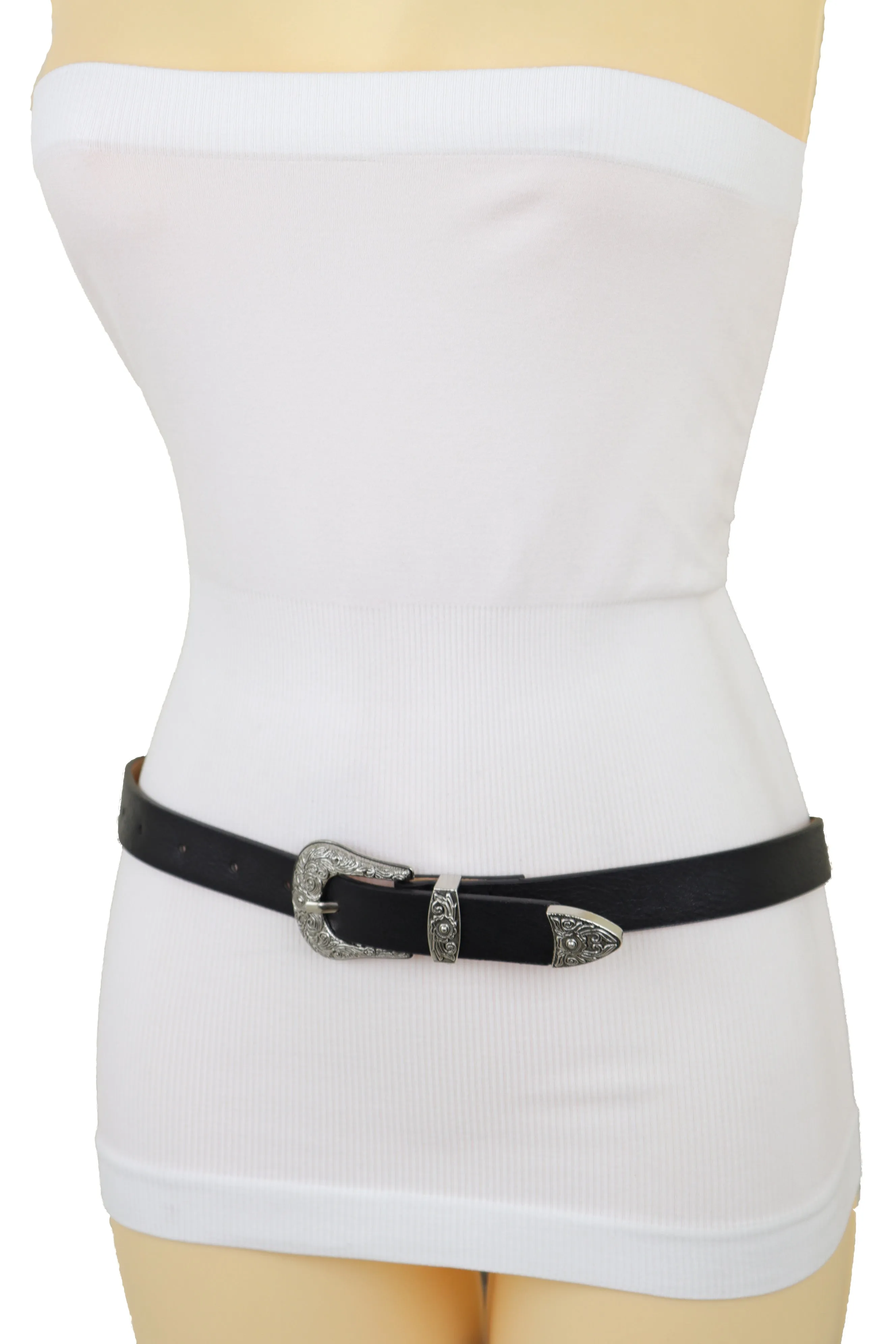 Faux Leather Western Style Buckle Skinny Classic Belt