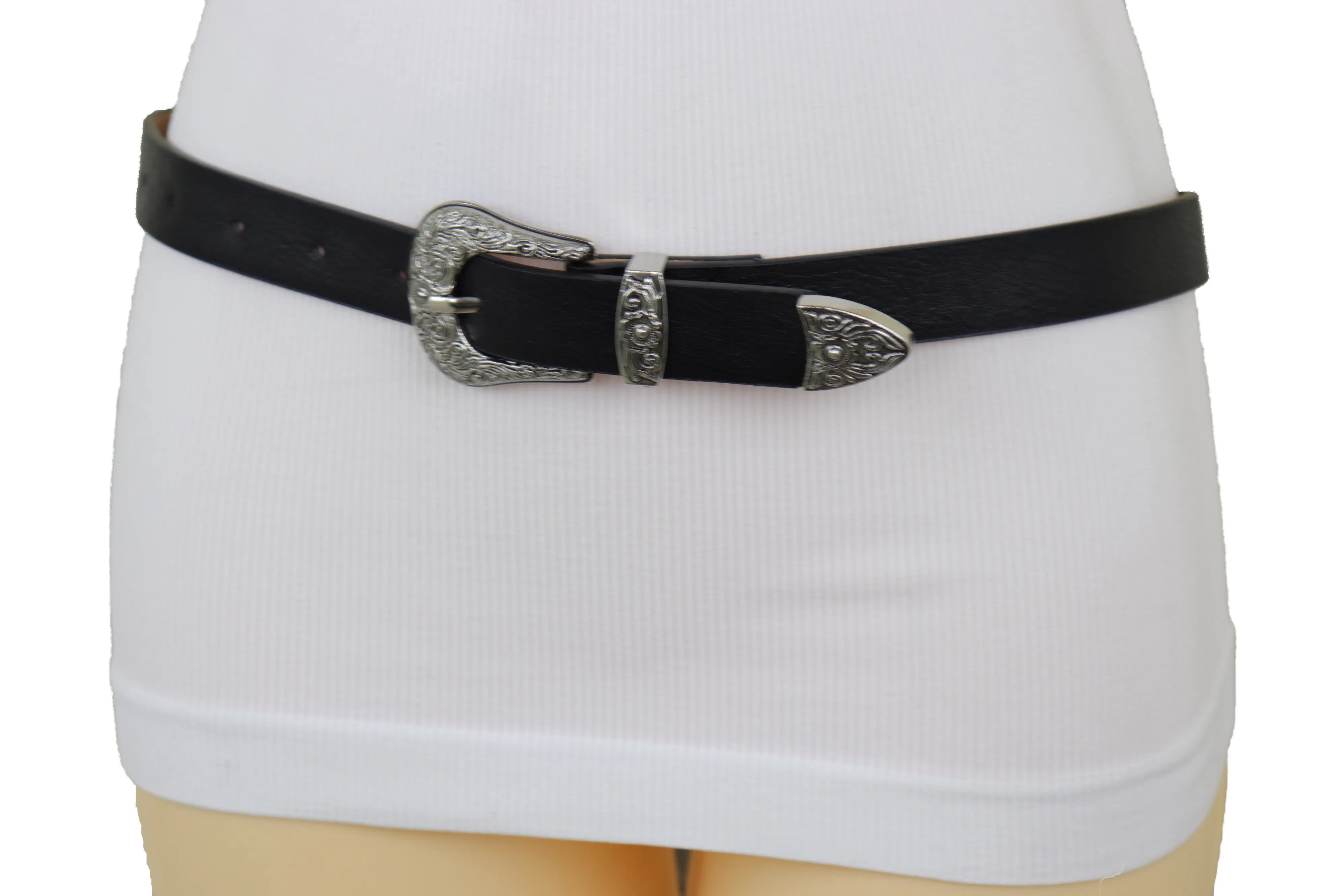 Faux Leather Western Style Buckle Skinny Classic Belt