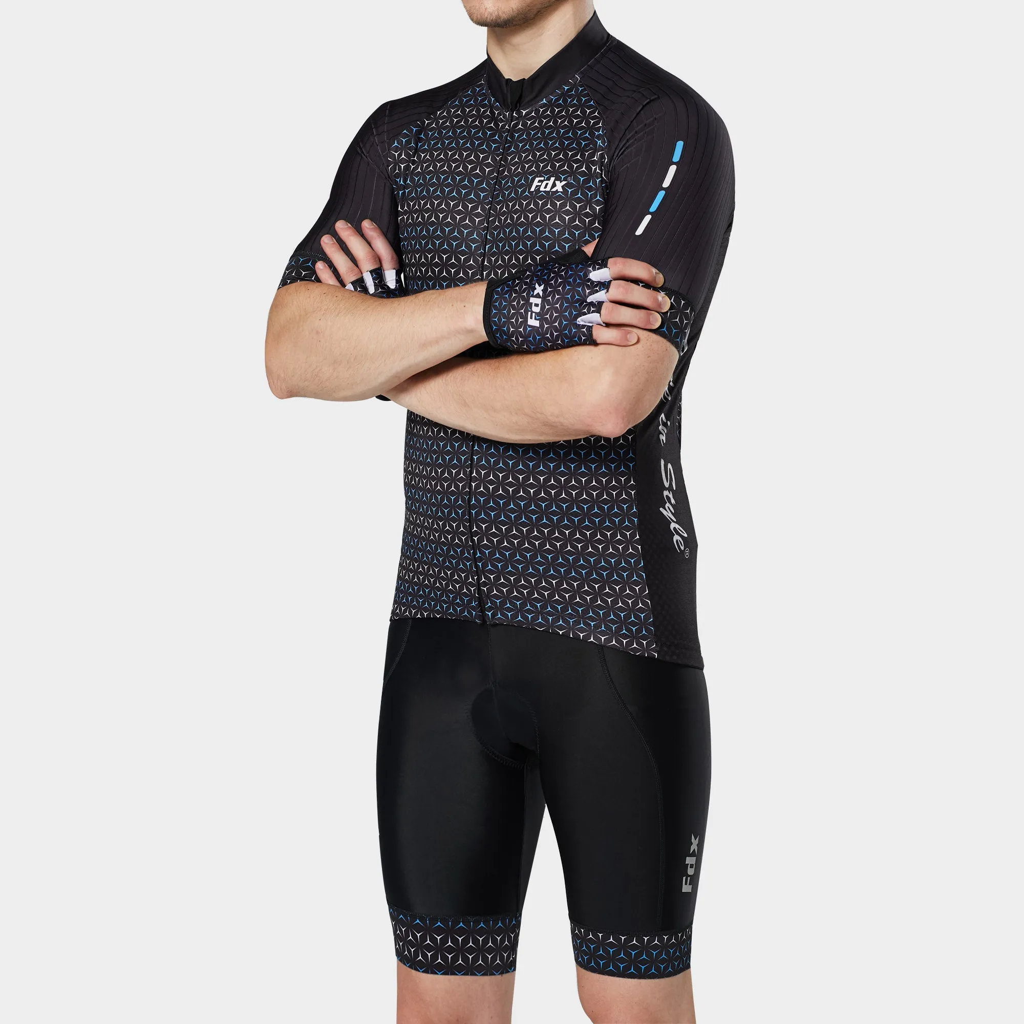 Fdx Men's & Boy's Set Vega Black Short Sleeve Jersey & Bib Shorts
