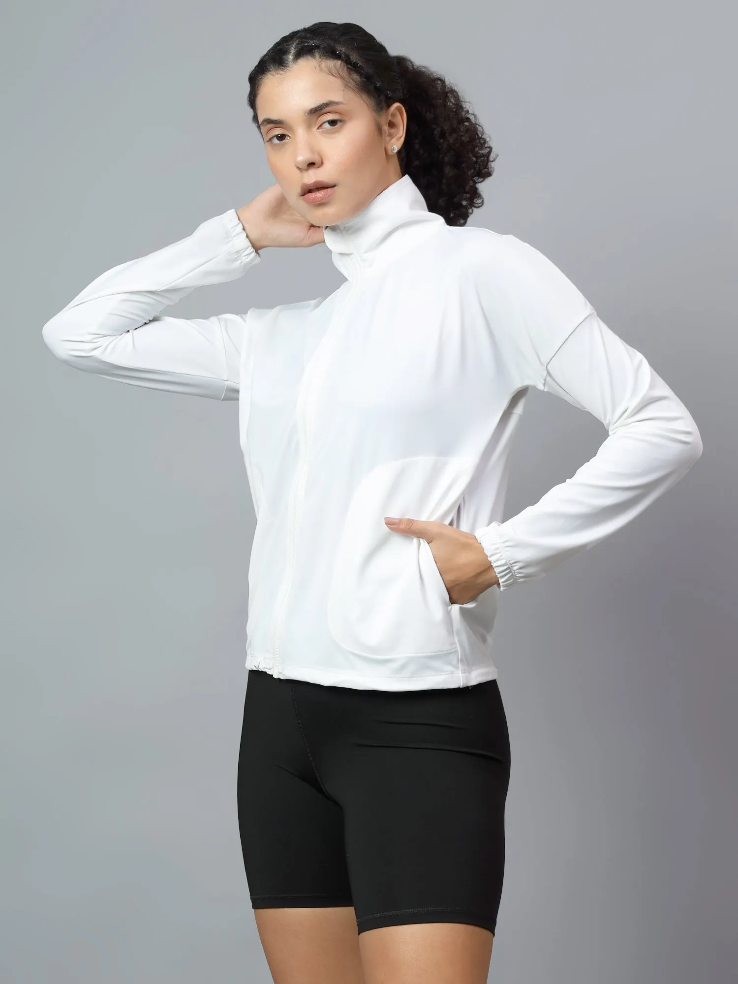 Fitkin Women White Polo Running Jacket