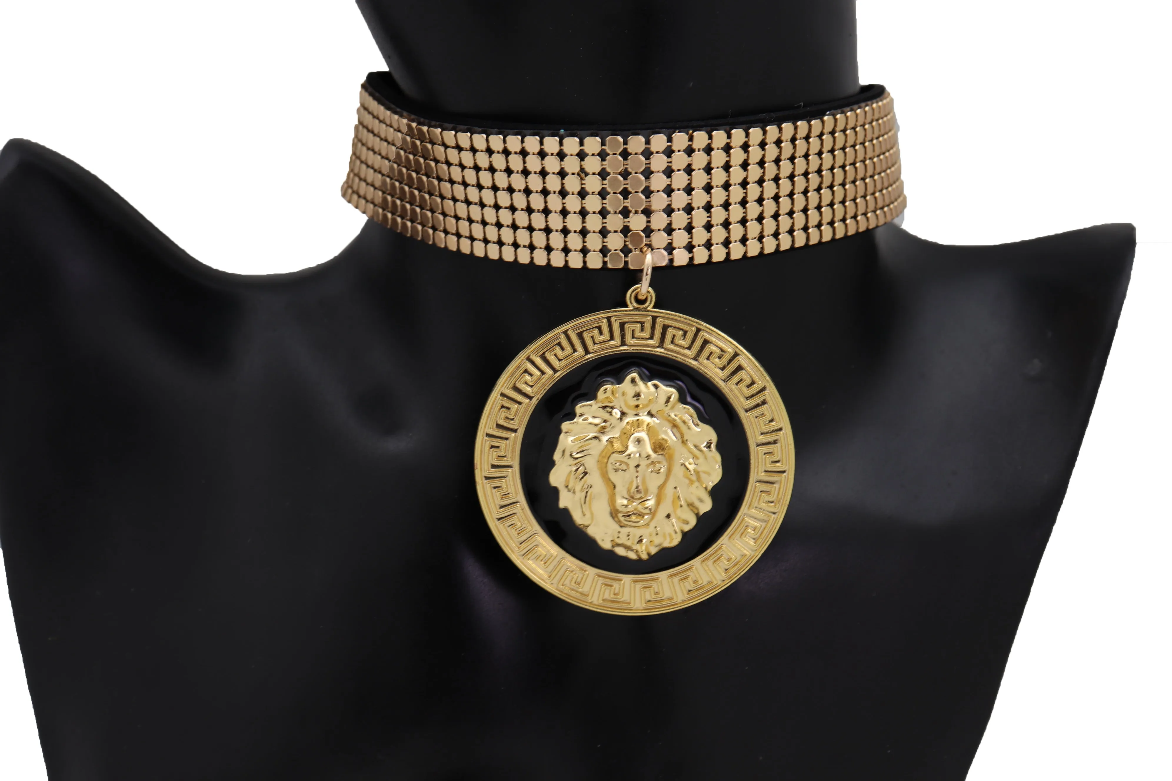 Gold Mesh Choker with Large Lion Medallion