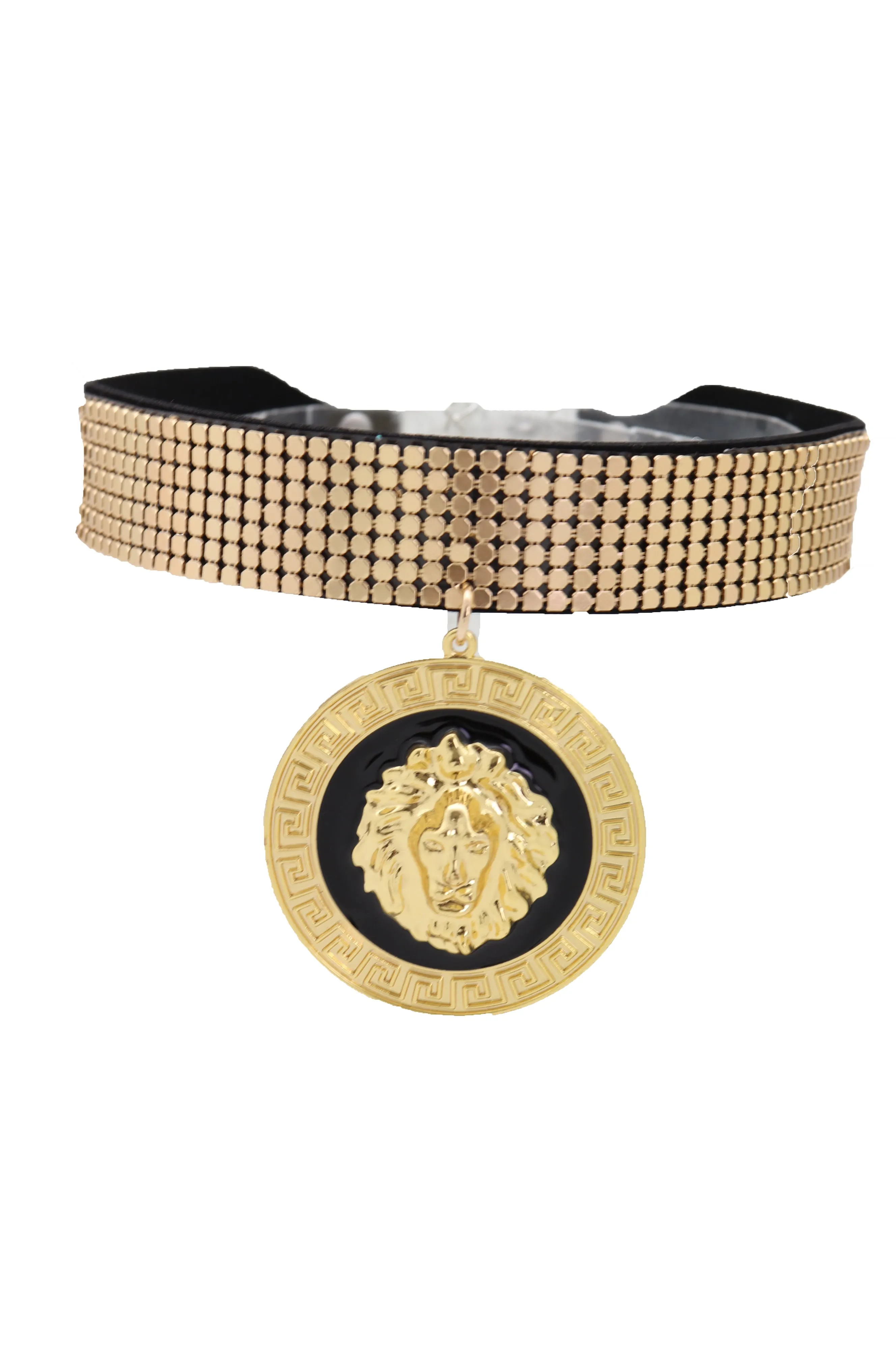 Gold Mesh Choker with Large Lion Medallion