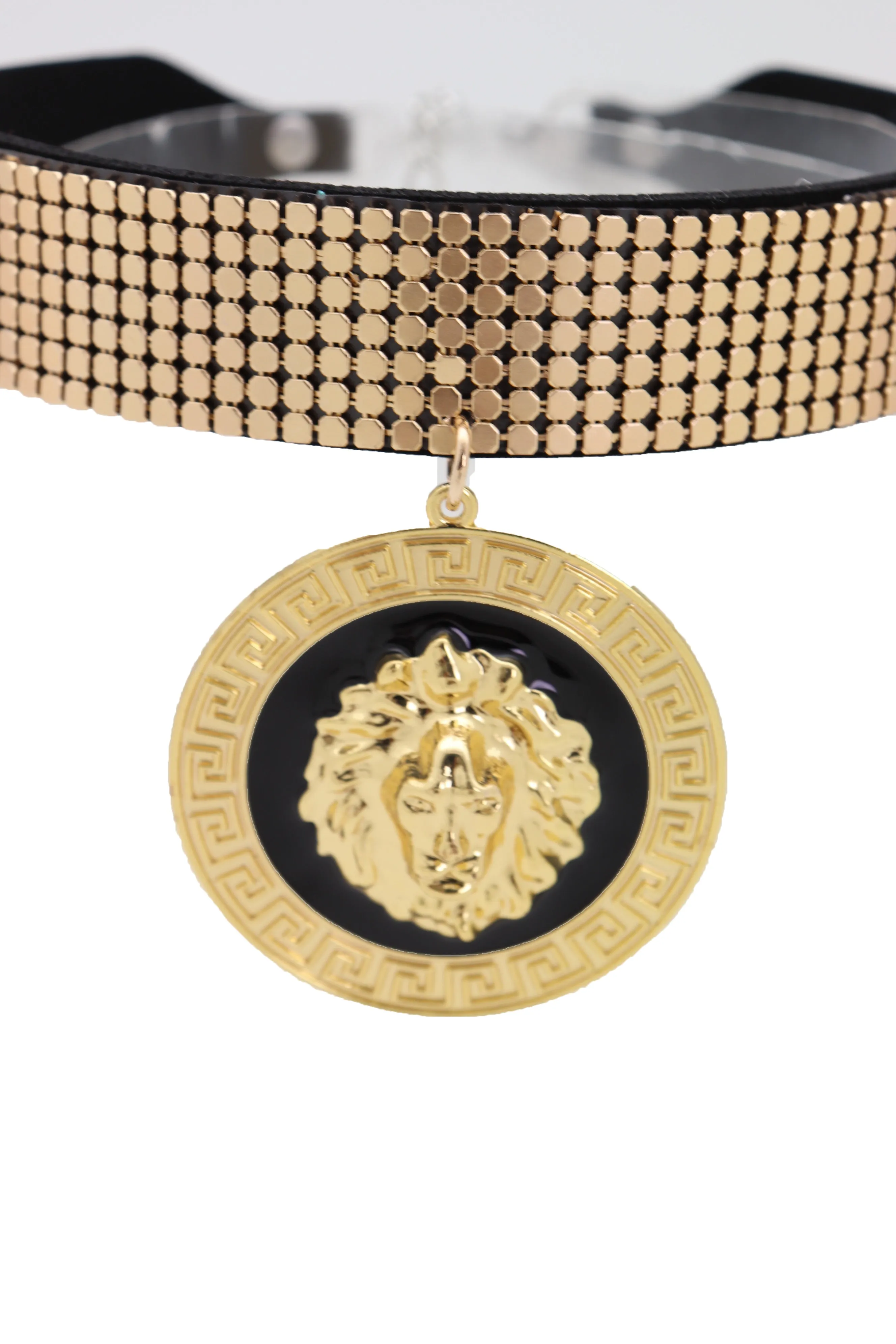 Gold Mesh Choker with Large Lion Medallion