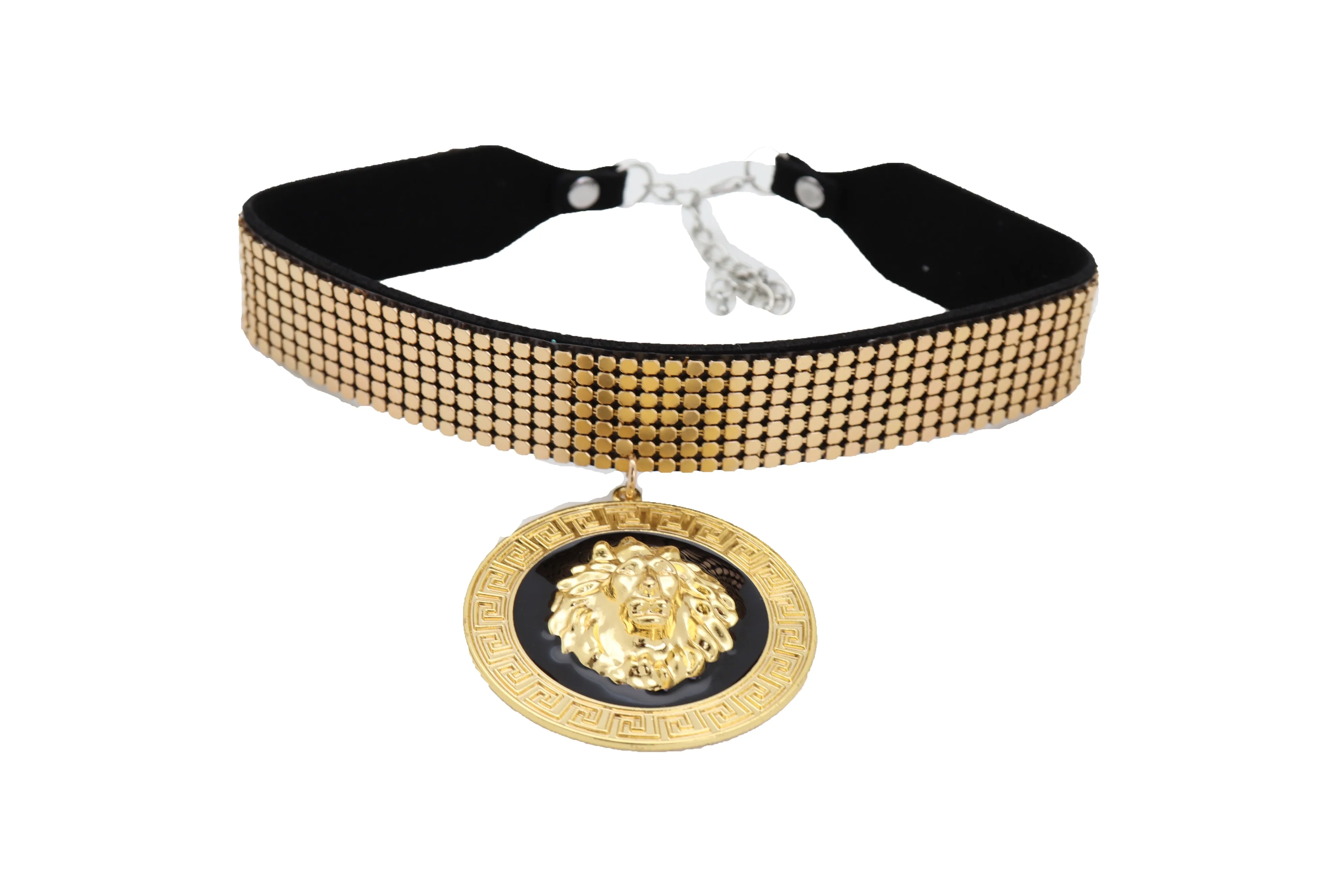 Gold Mesh Choker with Large Lion Medallion