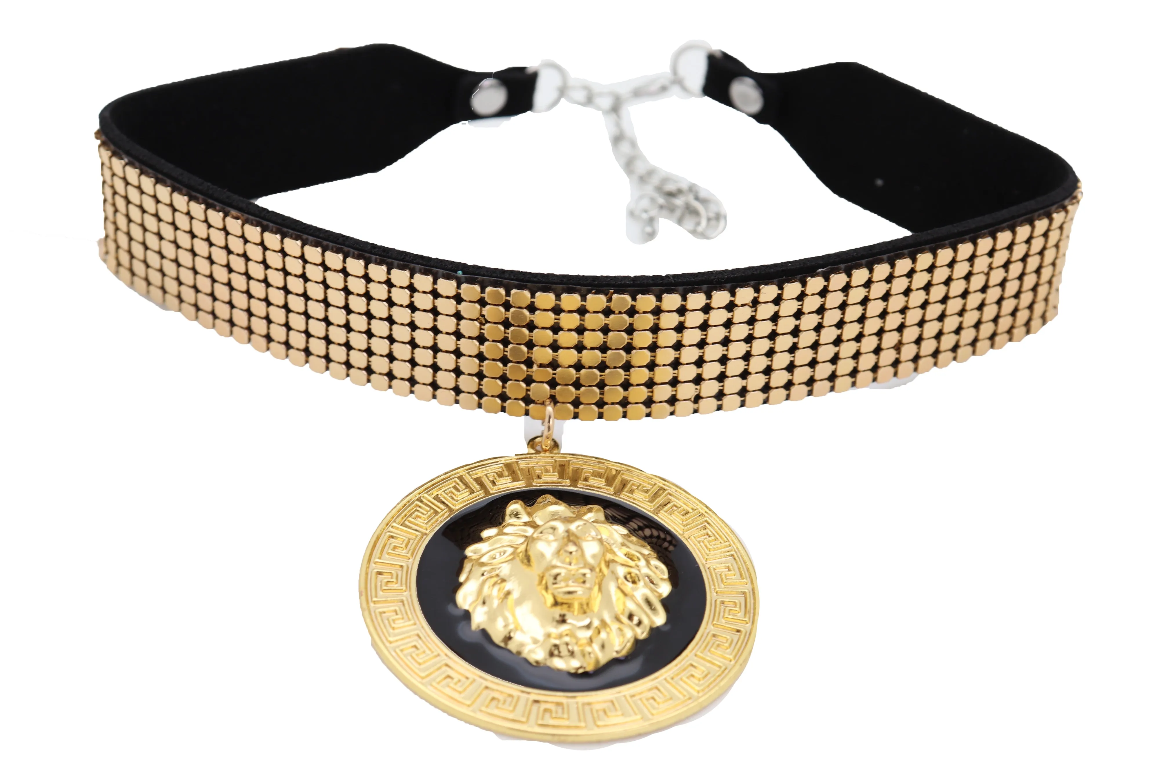 Gold Mesh Choker with Large Lion Medallion