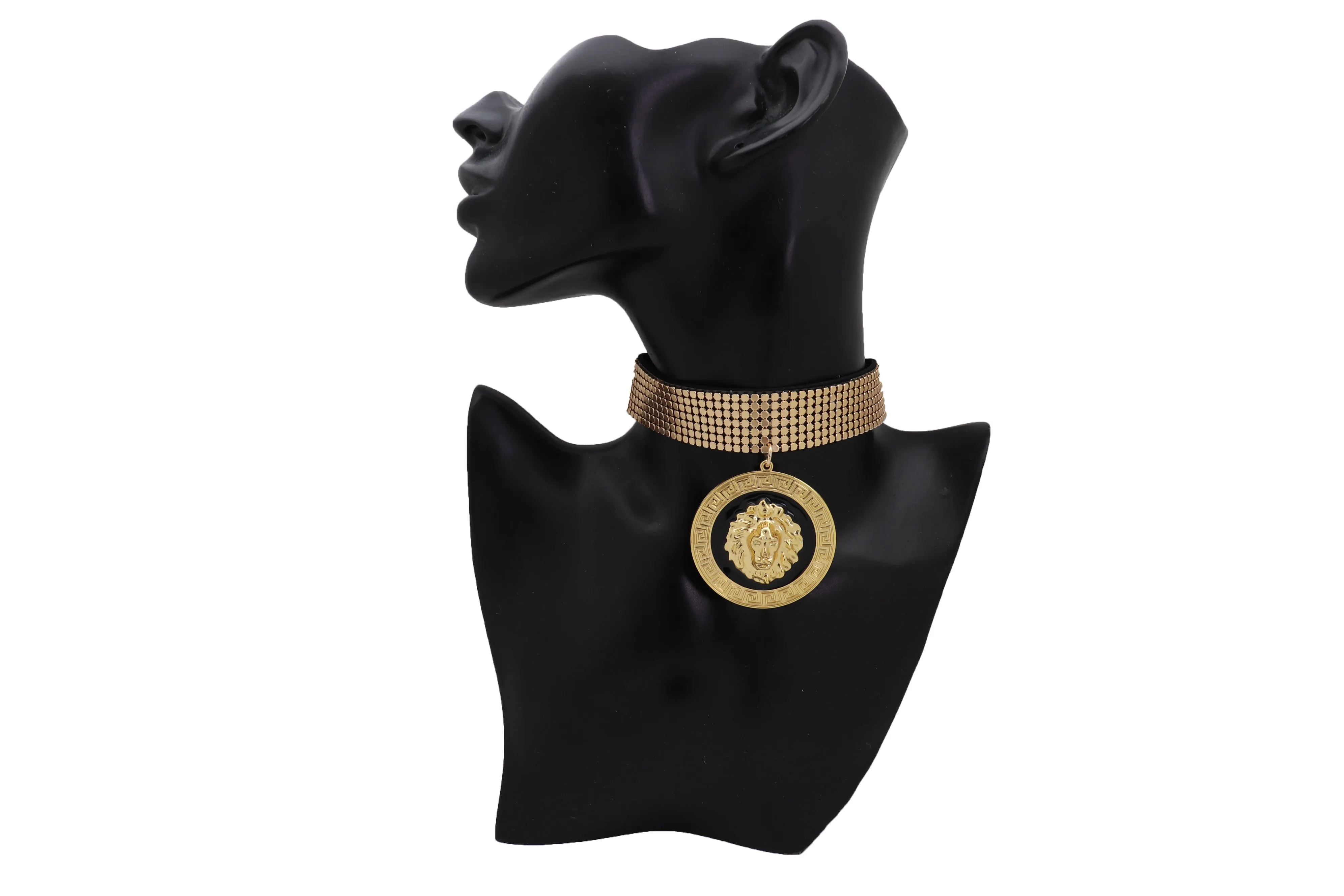 Gold Mesh Choker with Large Lion Medallion
