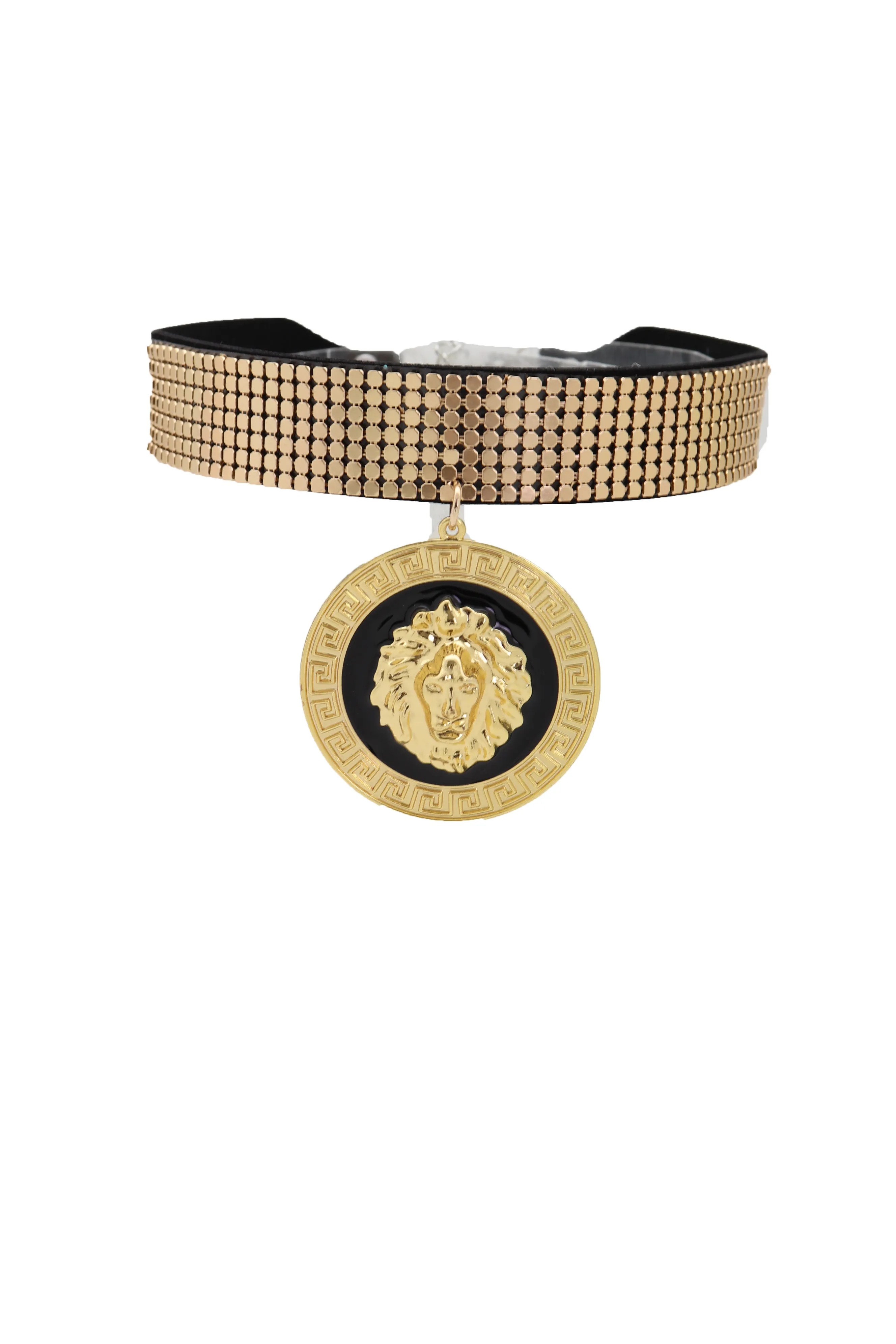 Gold Mesh Choker with Large Lion Medallion